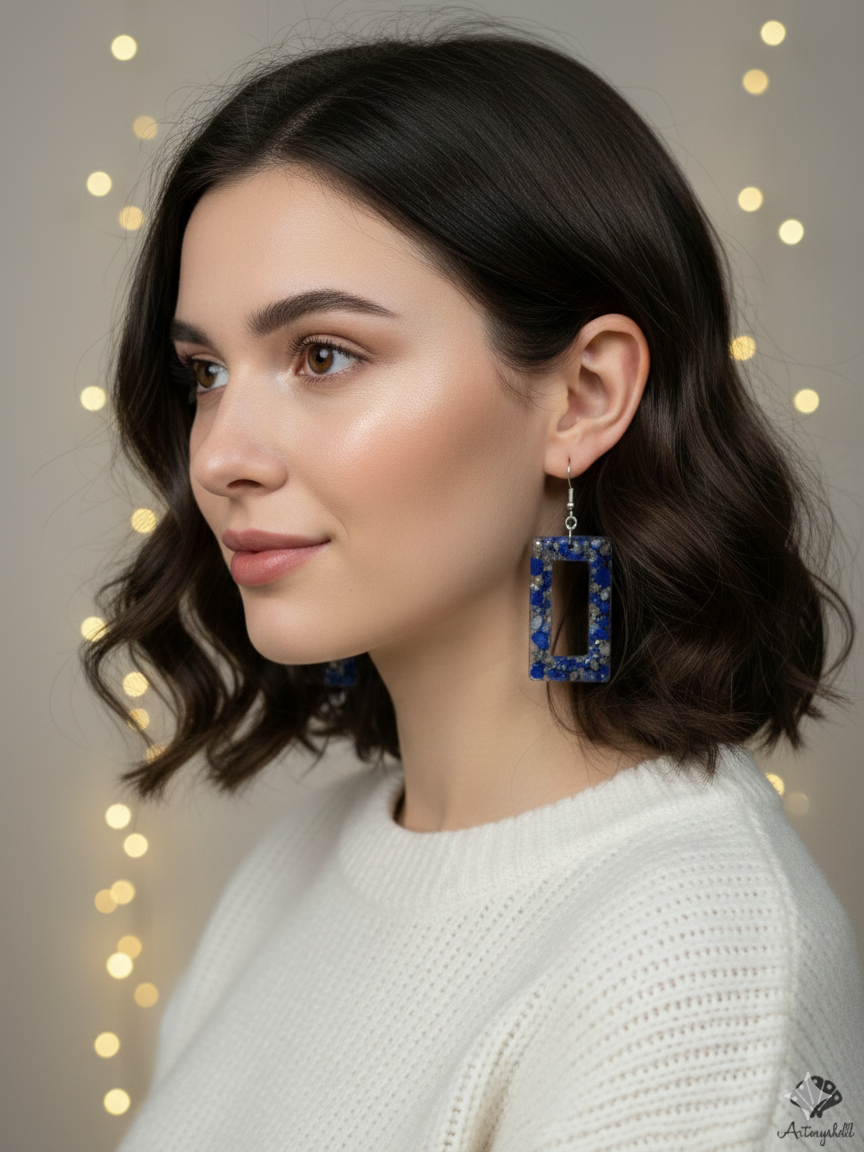 Bold Lapis Lazuli & Pyrite Rectangle Dangle Earrings | Blue Gemstone Resin Jewelry