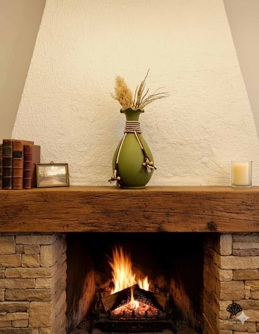 Handcrafted Rustic Green Terracotta Vase with Macrame & Wooden Bead Embellishments