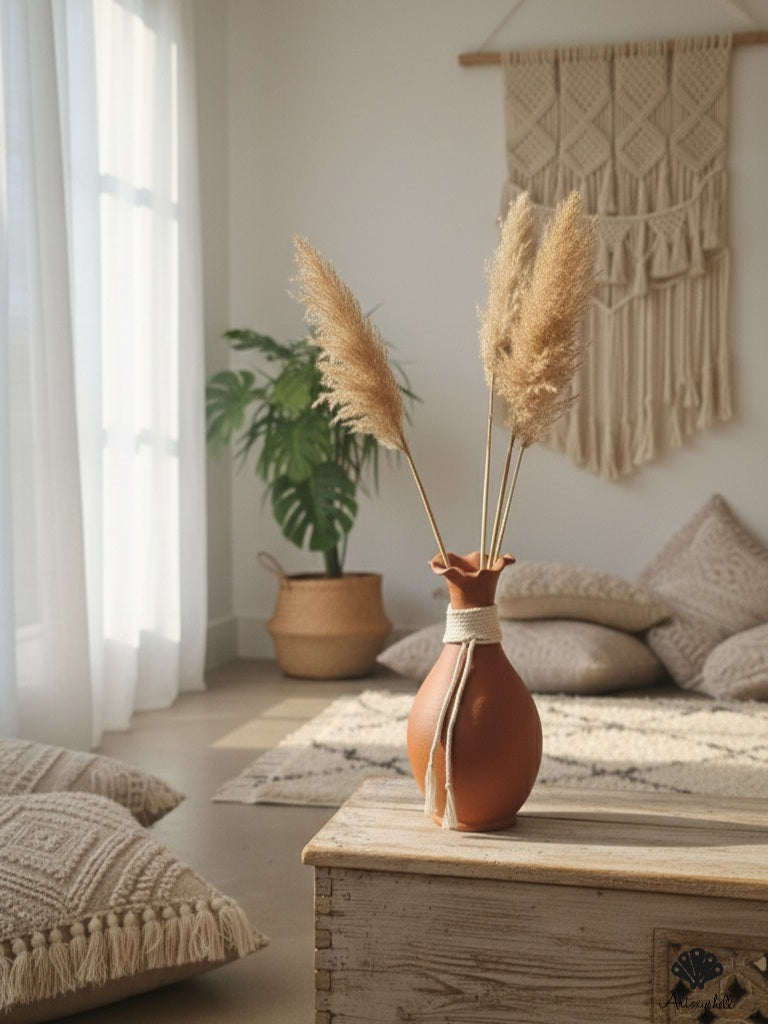 Handmade Terracotta Vase with Macramé Rope Detail – Rustic Boho Decorative Pitcher