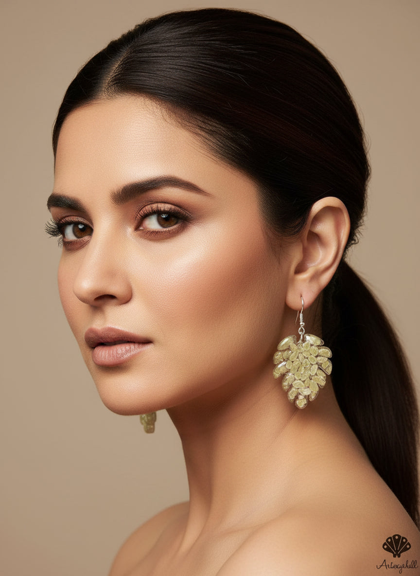 Green peridot stone Resin Leaf Earrings – Handmade monstera Dangle Jewelry