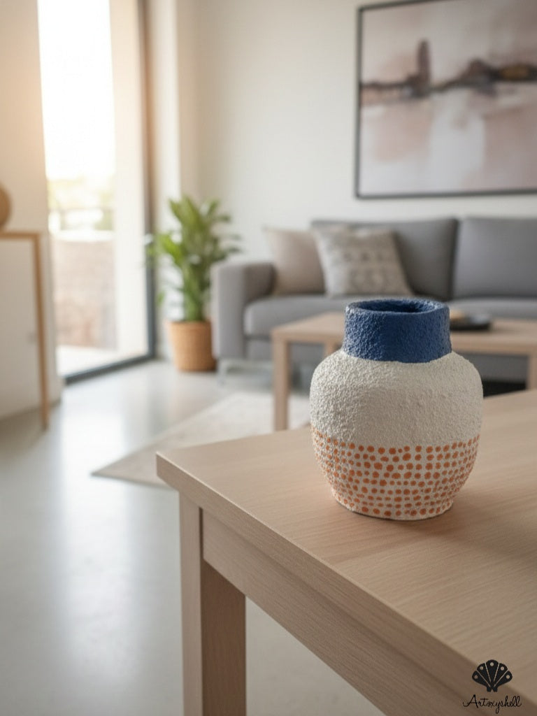 Miniature Terracotta vase – Indigo Blue & Earthy Orange Hand-Painted Boho Decor.