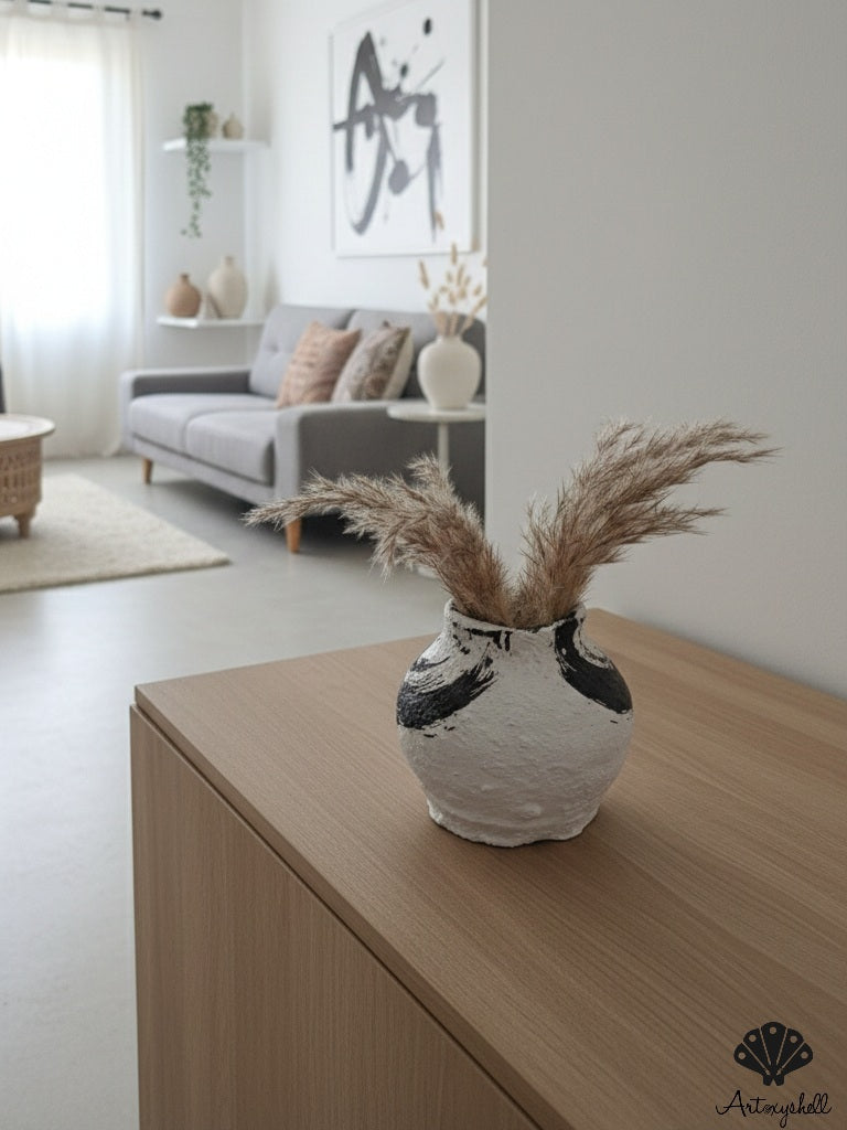 Hand-Painted Rustic Terracotta Bud Vase with Organic Texture - Black & White Abstract Design