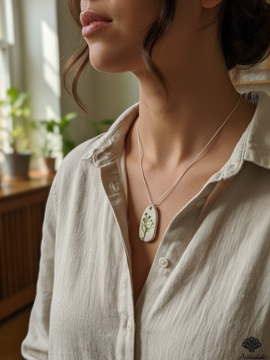 Handmade Botanical Clay Pendant | Unisex Minimalist Green Leaf Charm