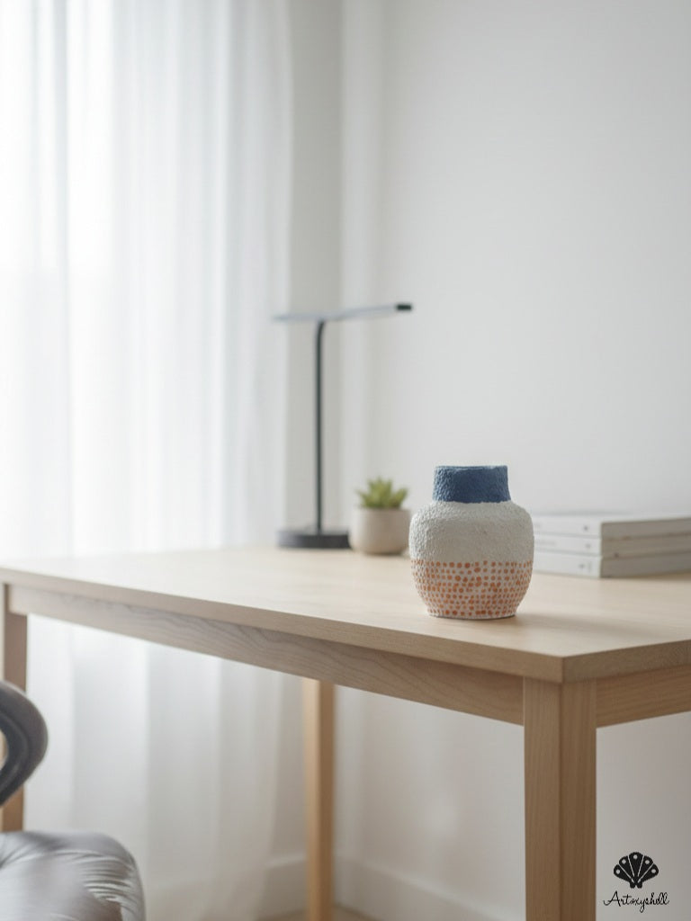 Miniature Terracotta vase – Indigo Blue & Earthy Orange Hand-Painted Boho Decor.