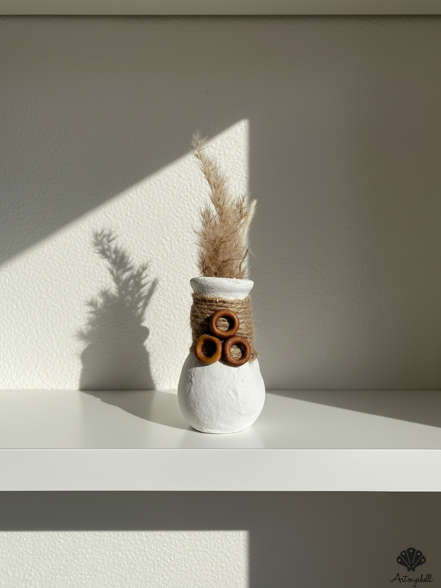 Handmade Miniature White Terracotta Vase with Jute Wrap and Wooden Ring