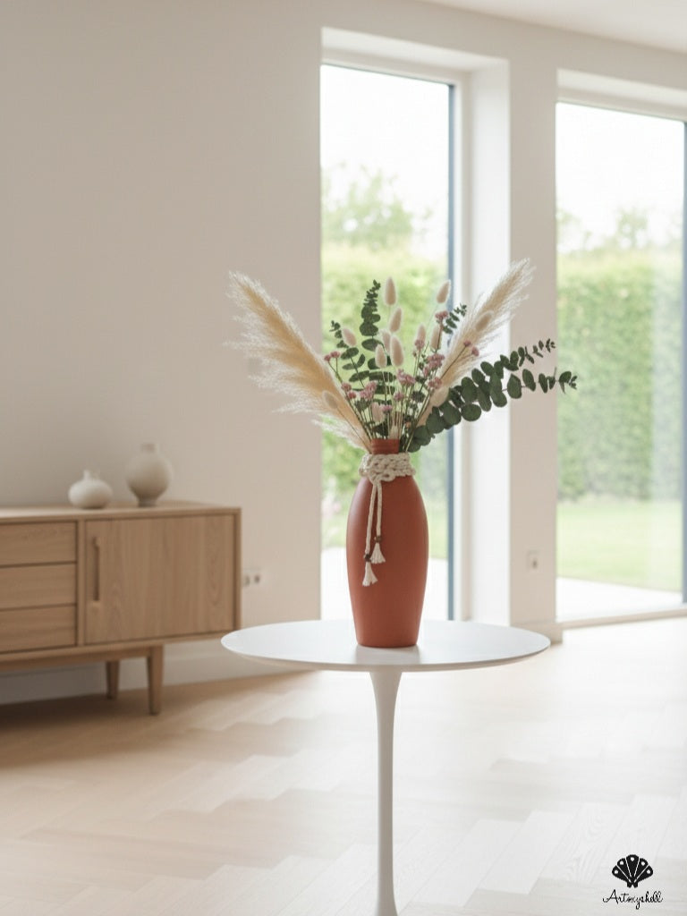 A matte terracotta bottle vase adorned with multi-strand jute tassels and alternating wood bead textures.