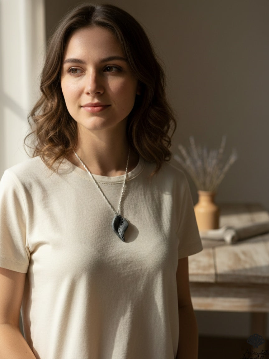 Handmade Unisex Charcoal Wave Pendant | Artisan Stone Necklace