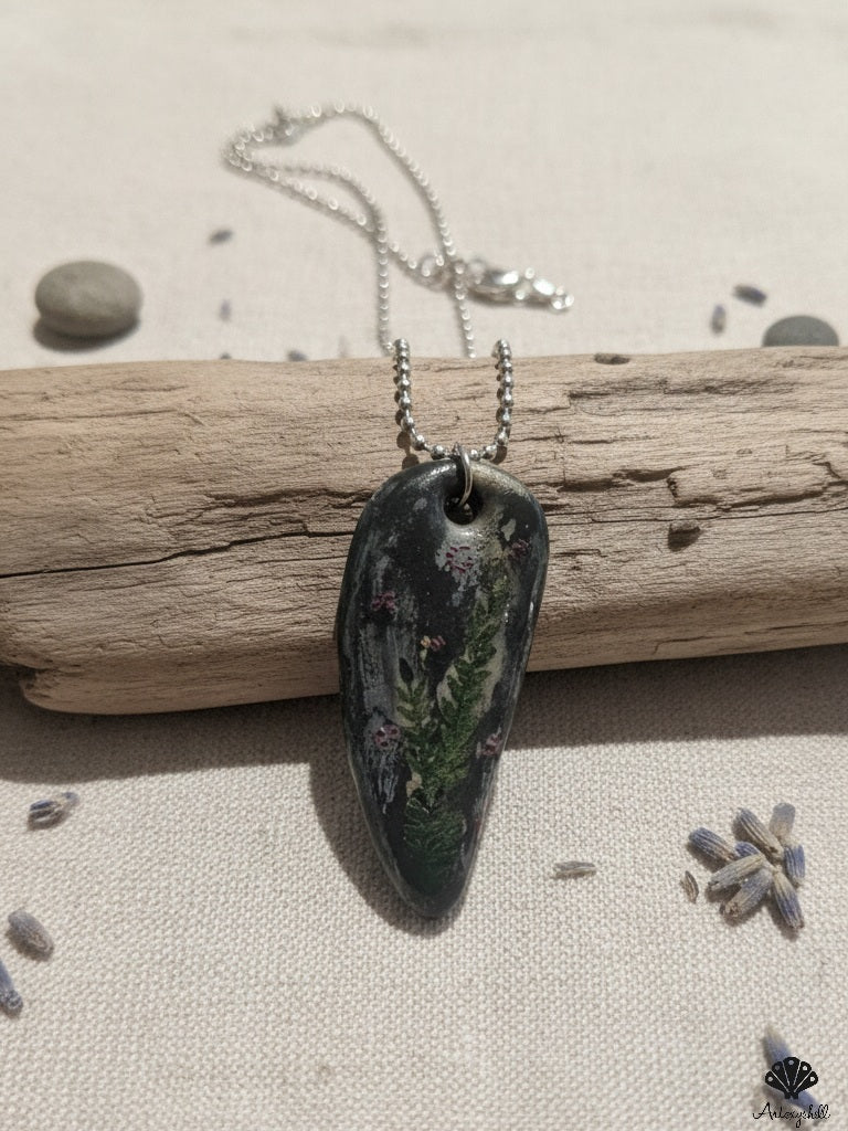 Handmade Unisex Botanical Mussel Shell Pendant | Fern Forest Jewelry
