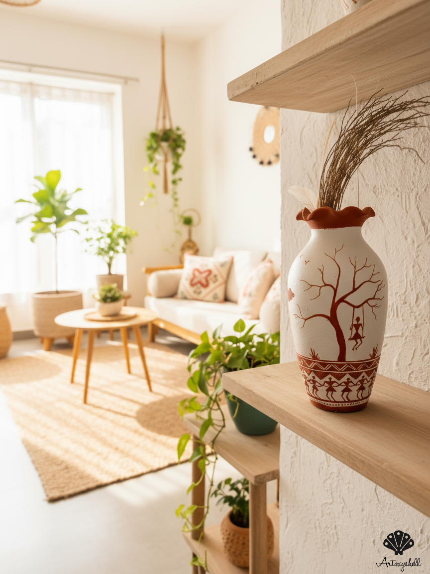 Traditional Tribal Storytelling Ceramic Vase – Terracotta & White