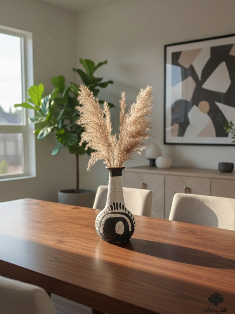 Hand-Textured Tall Neck Terracotta Vase - Abstract Tribal Print White & Black Bud Vase