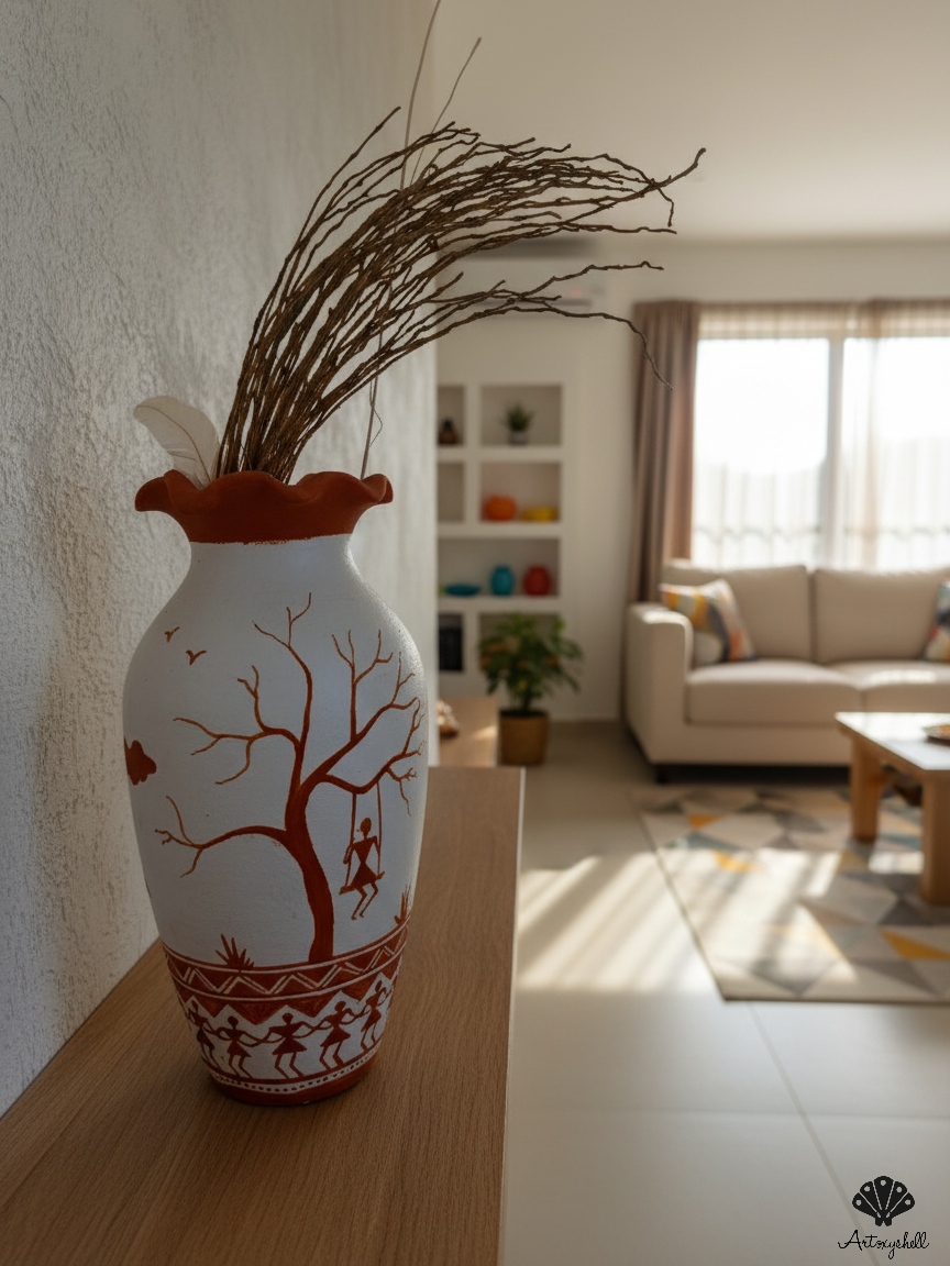 Traditional Tribal Storytelling Ceramic Vase – Terracotta & White