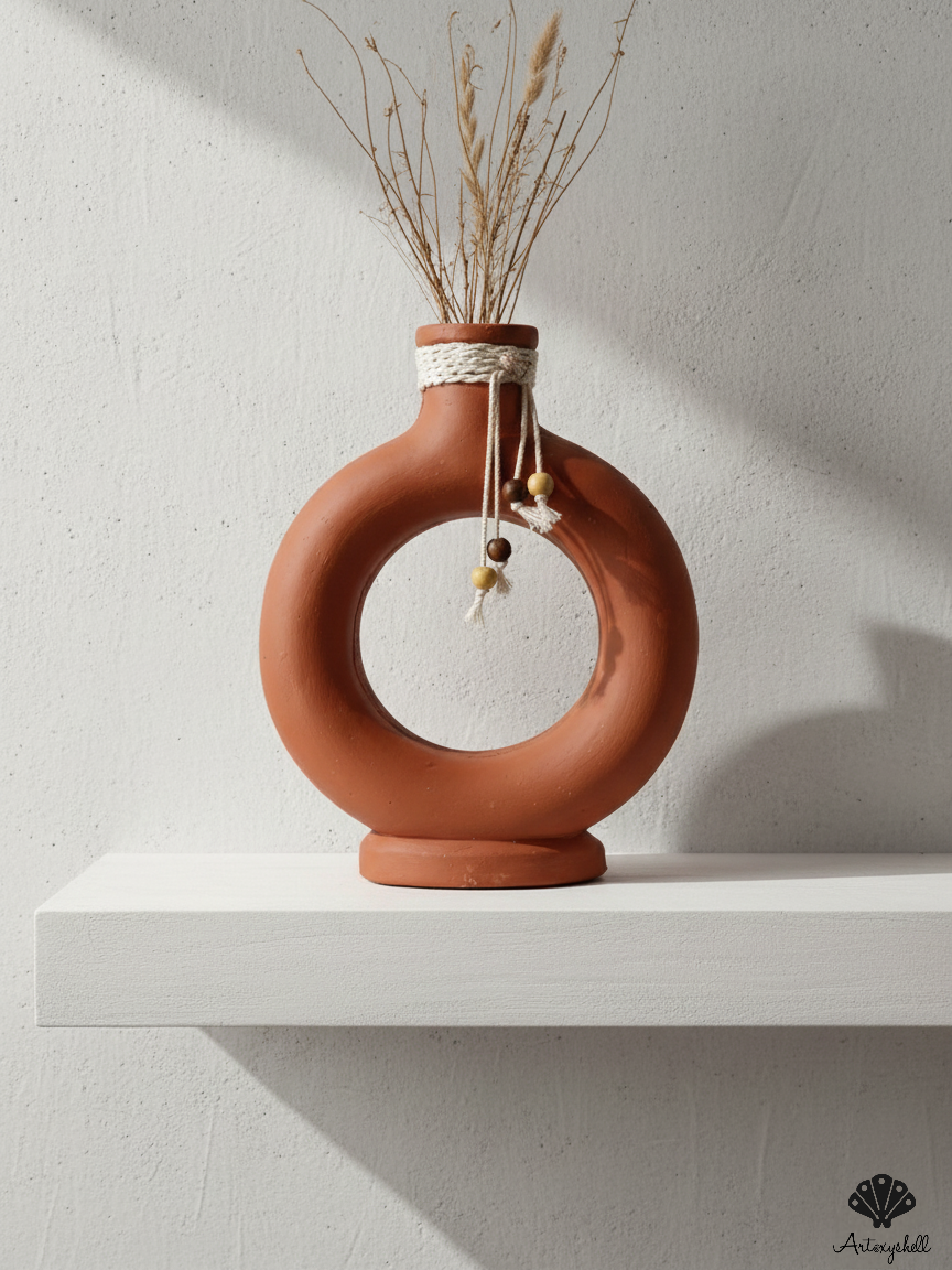 Matte Terracotta Round Vase with Decorative Rope and Bead Fringe
