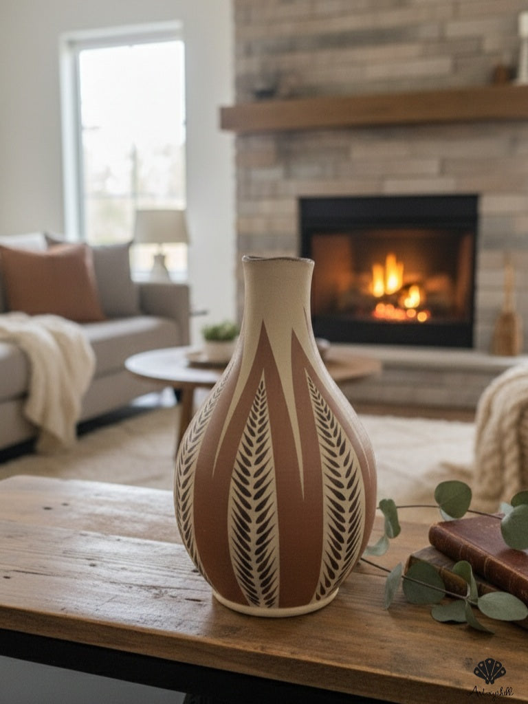 Hand-Painted Terracotta Vase with Leaf Motif – Earth Tone Ceramic decorative vase