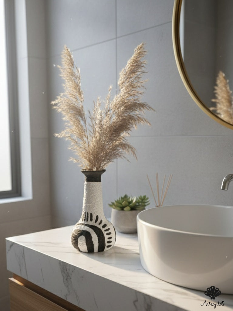 Hand-Textured Tall Neck Terracotta Vase - Abstract Tribal Print White & Black Bud Vase