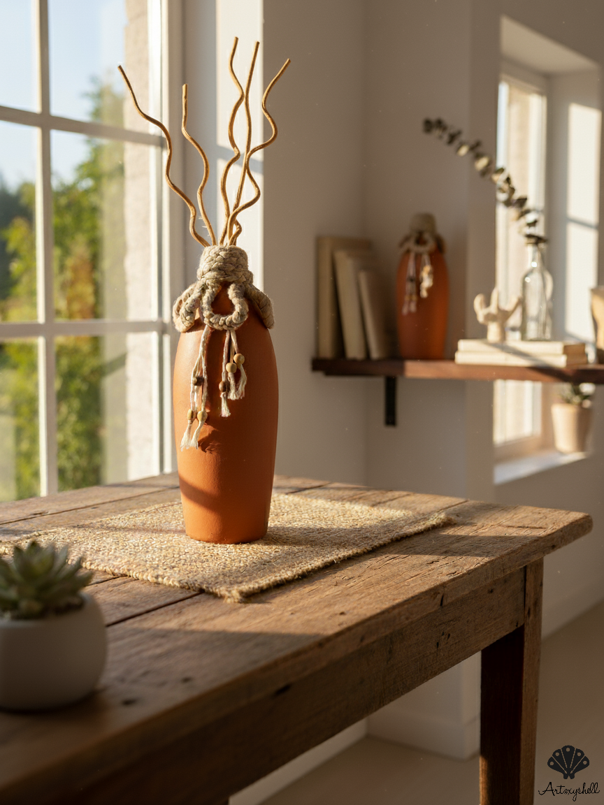 Boho Terracotta Vase with Braided Macramé Tassels and Wooden Beads