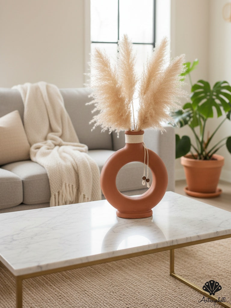 Modern Terracotta Donut Vase with Beaded Accent