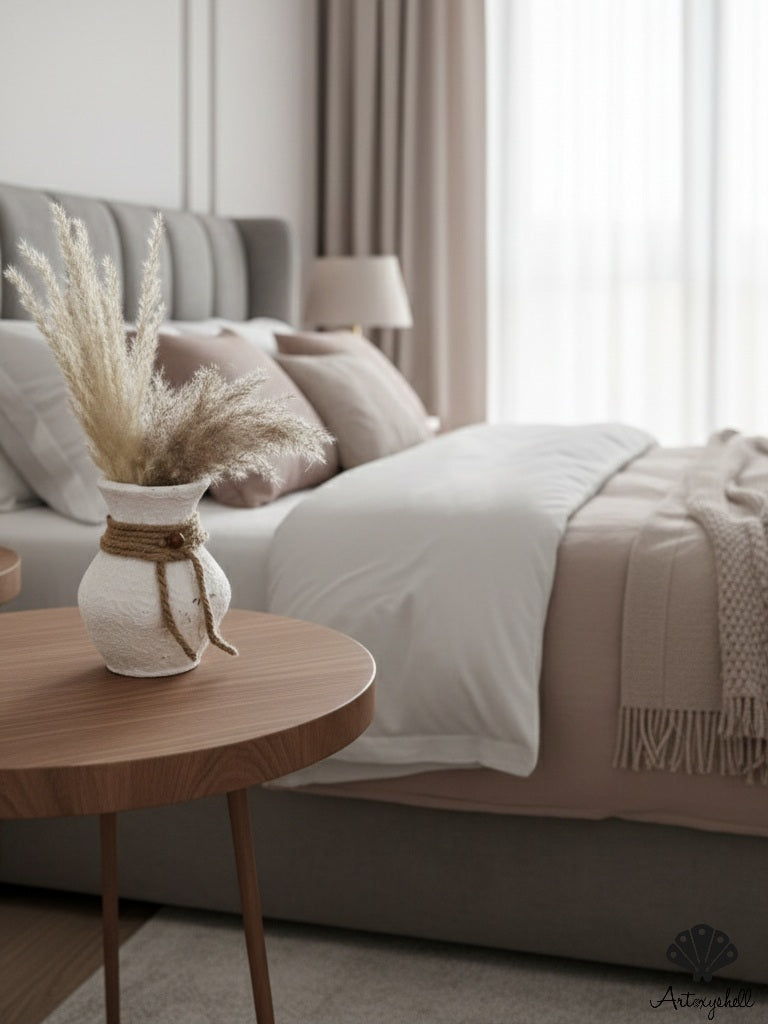 Handcrafted Beige Terracotta Miniature Vase with Jute Rope & Wooden beads – Rustic Home Decor Accent