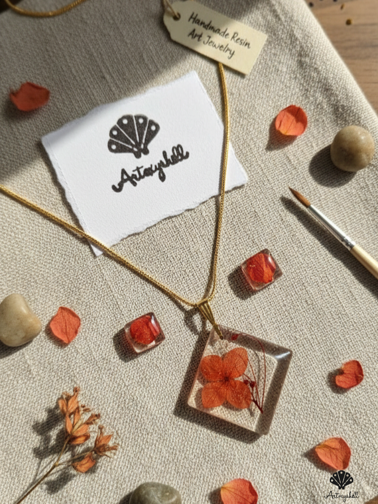 Preserved Hydrangea Botanical Jewelry Set - Handmade Resin Necklace & Stud Earrings