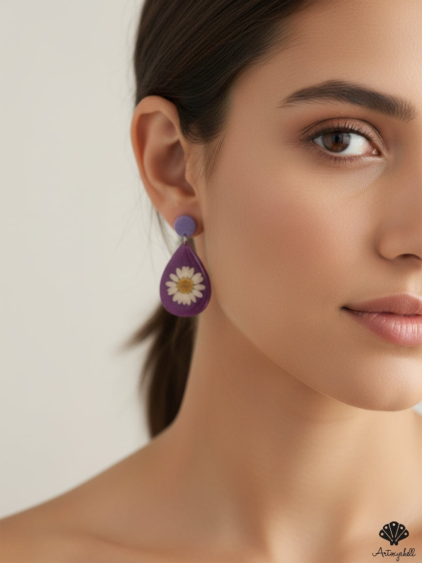 Pressed Daisy Resin Earrings – Purple Teardrop Boho Dangles