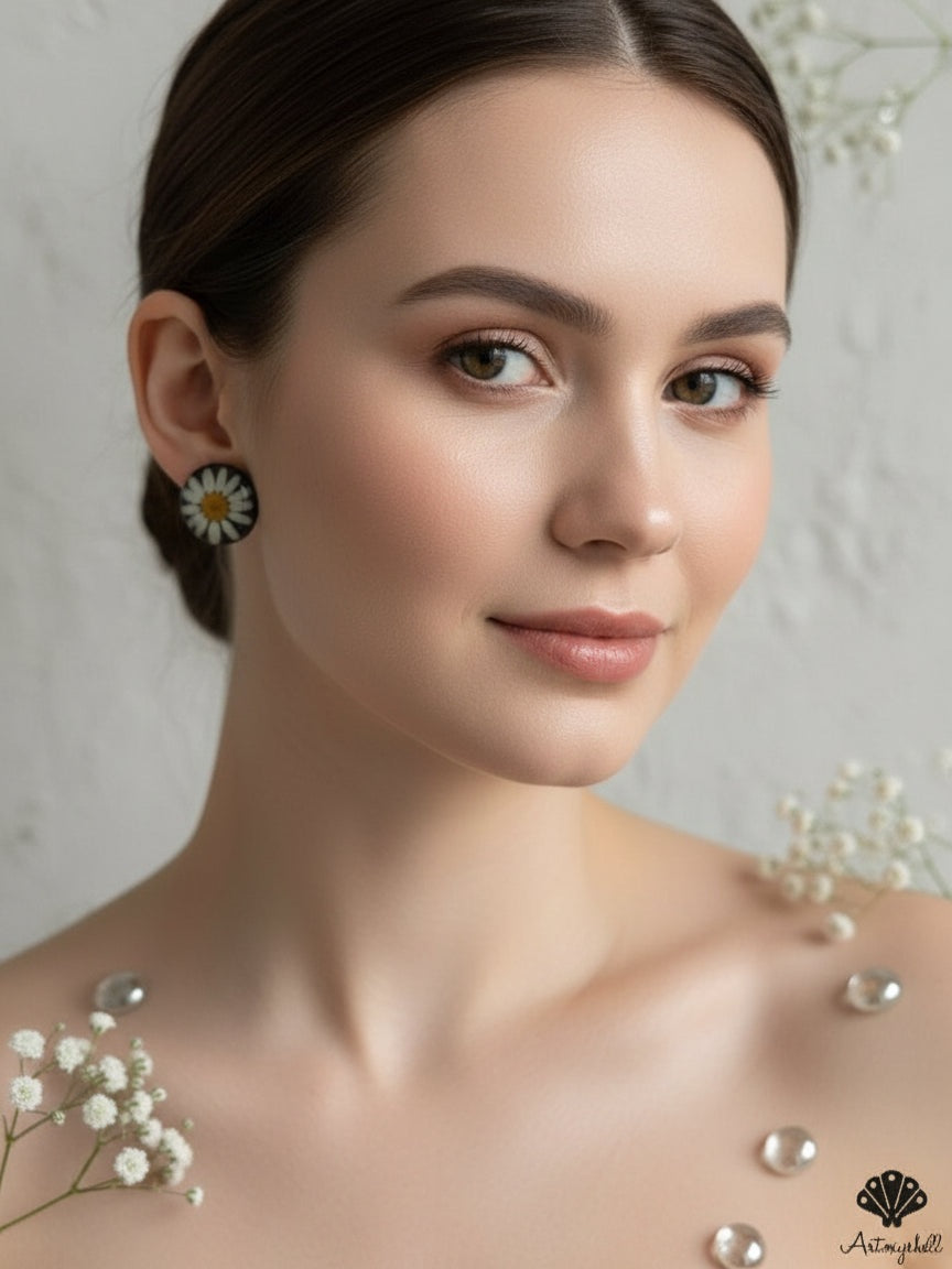 Real Daisy Resin Studs – Black Botanical Flower Earrings
