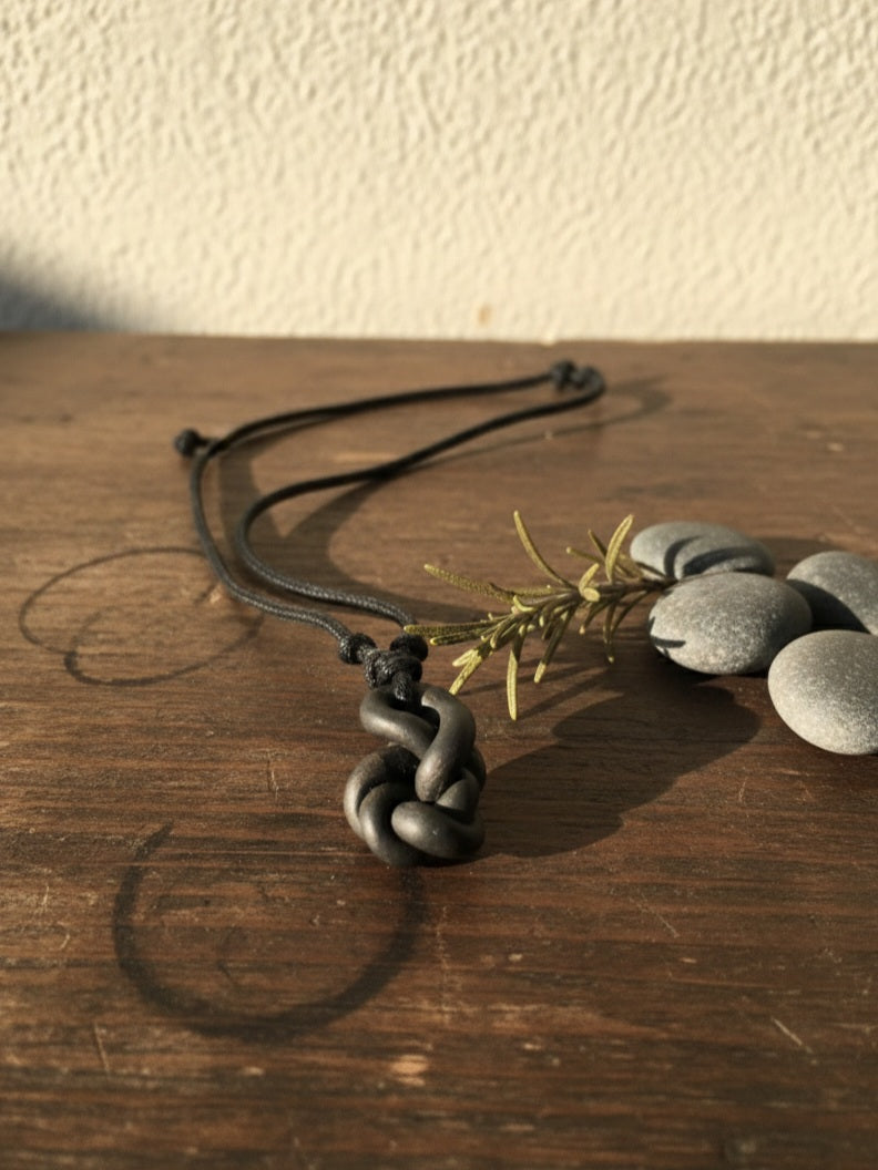 The 'Eternal Knot' Botanical Jewelry Set – Hand-Sculpted Charcoal Clay Pendant.