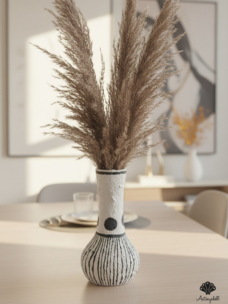 Bohemian Hand-Painted Slender Mitti Vase – Black & White Minimalist Decorative Pot for Living Room Tables