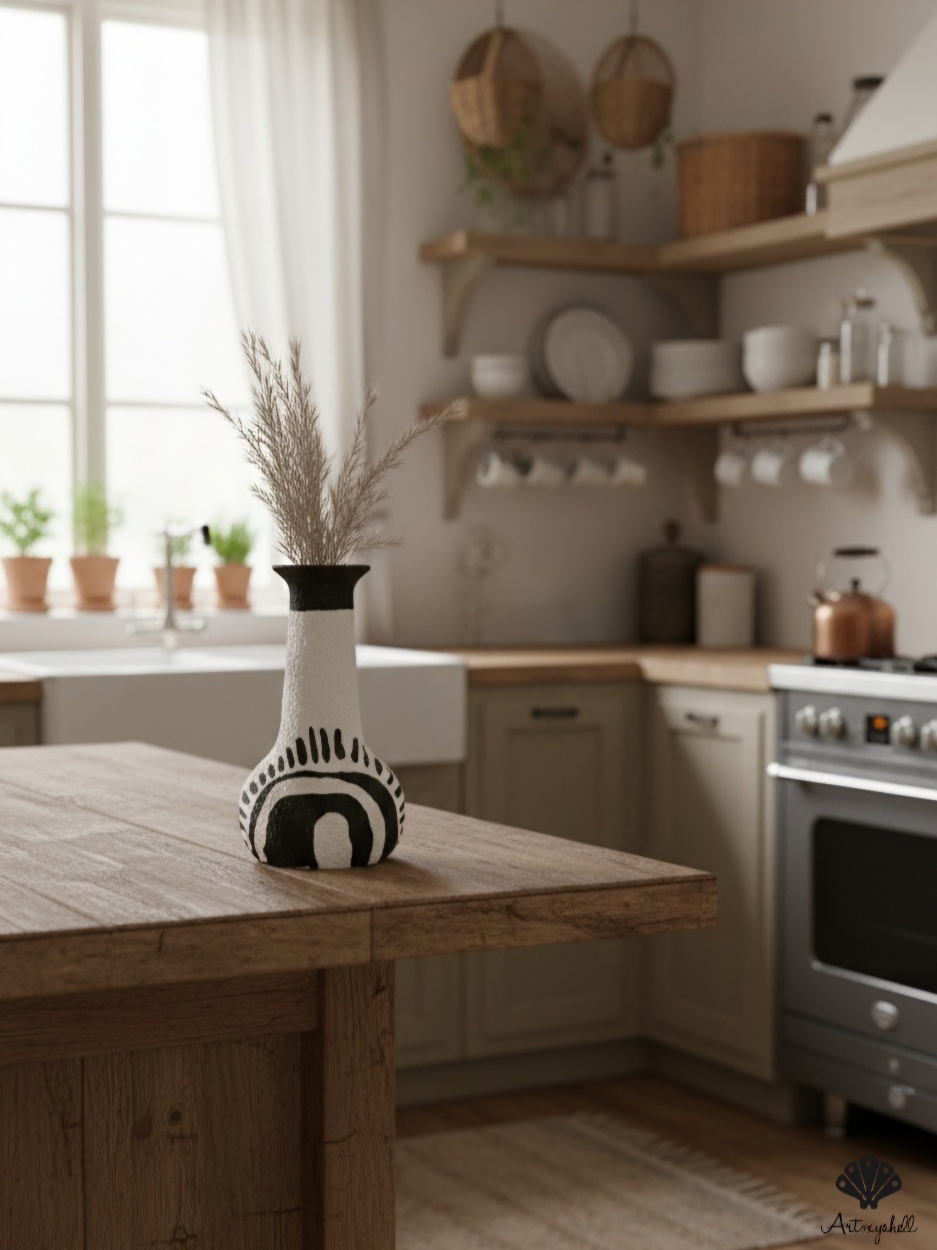 Hand-Textured Tall Neck Terracotta Vase - Abstract Tribal Print White & Black Bud Vase