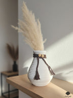 Handcrafted Textured White Terracotta Miniature Vase with Jute Tassel & Wooden Beads – Boho Home Decor Accent