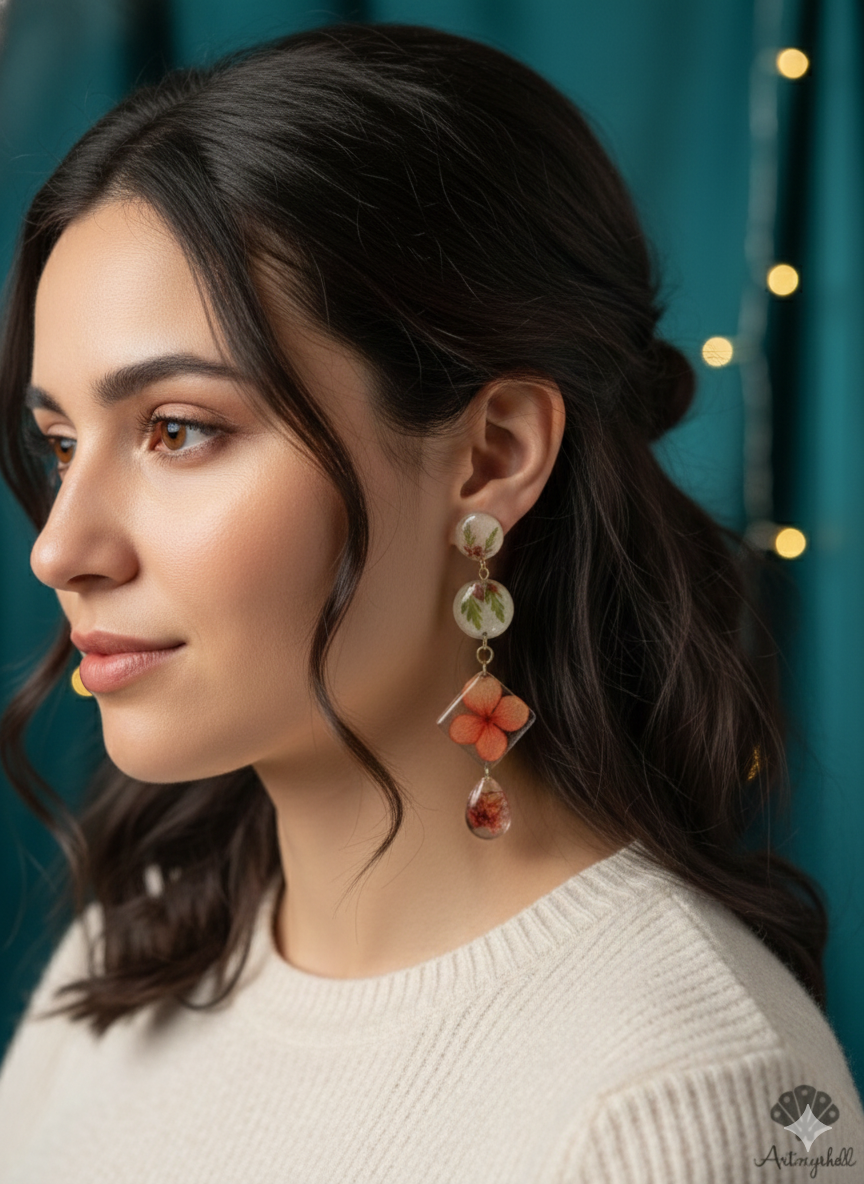 Botanical Dangle Earrings | Terracotta Hydrangea & Baby's Breath Pressed Flower Resin Jewelry