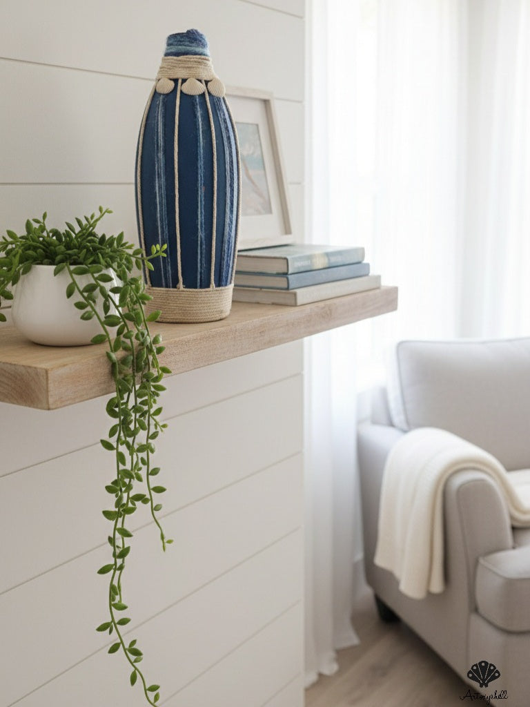 Nautical Blue Fabric Wrapped Vase with Shell Accents and Jute Rope Detailing