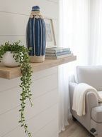 Nautical Blue Fabric Wrapped Vase with Shell Accents and Jute Rope Detailing