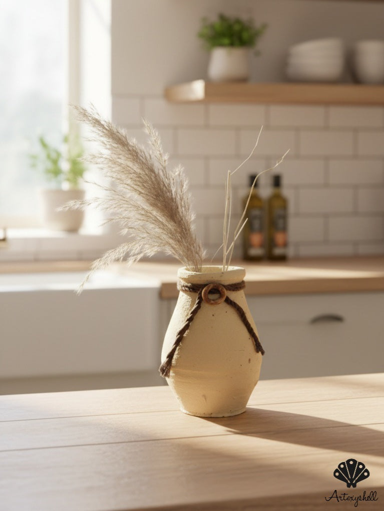 Handmade Rustic Beige Terracotta Miniature Vase with Braided Jute Accent and Wooden Ring