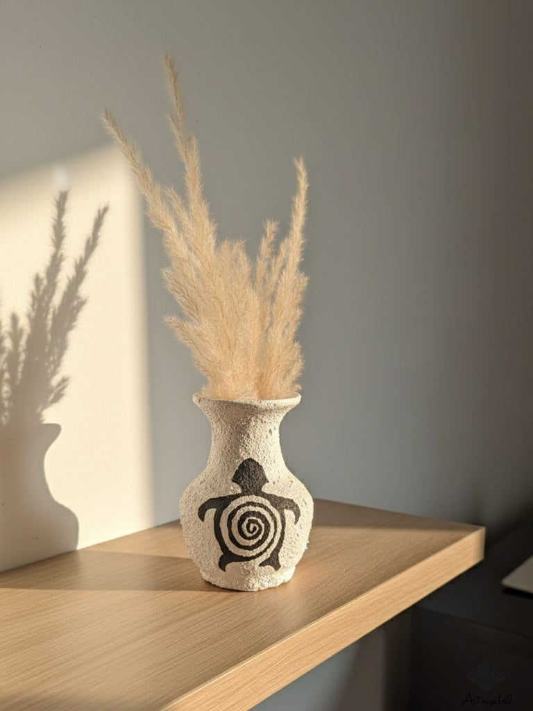 Ethnic Style Animal Print Vase - Small Textured Decorative Pot with Spiral Turtle Art