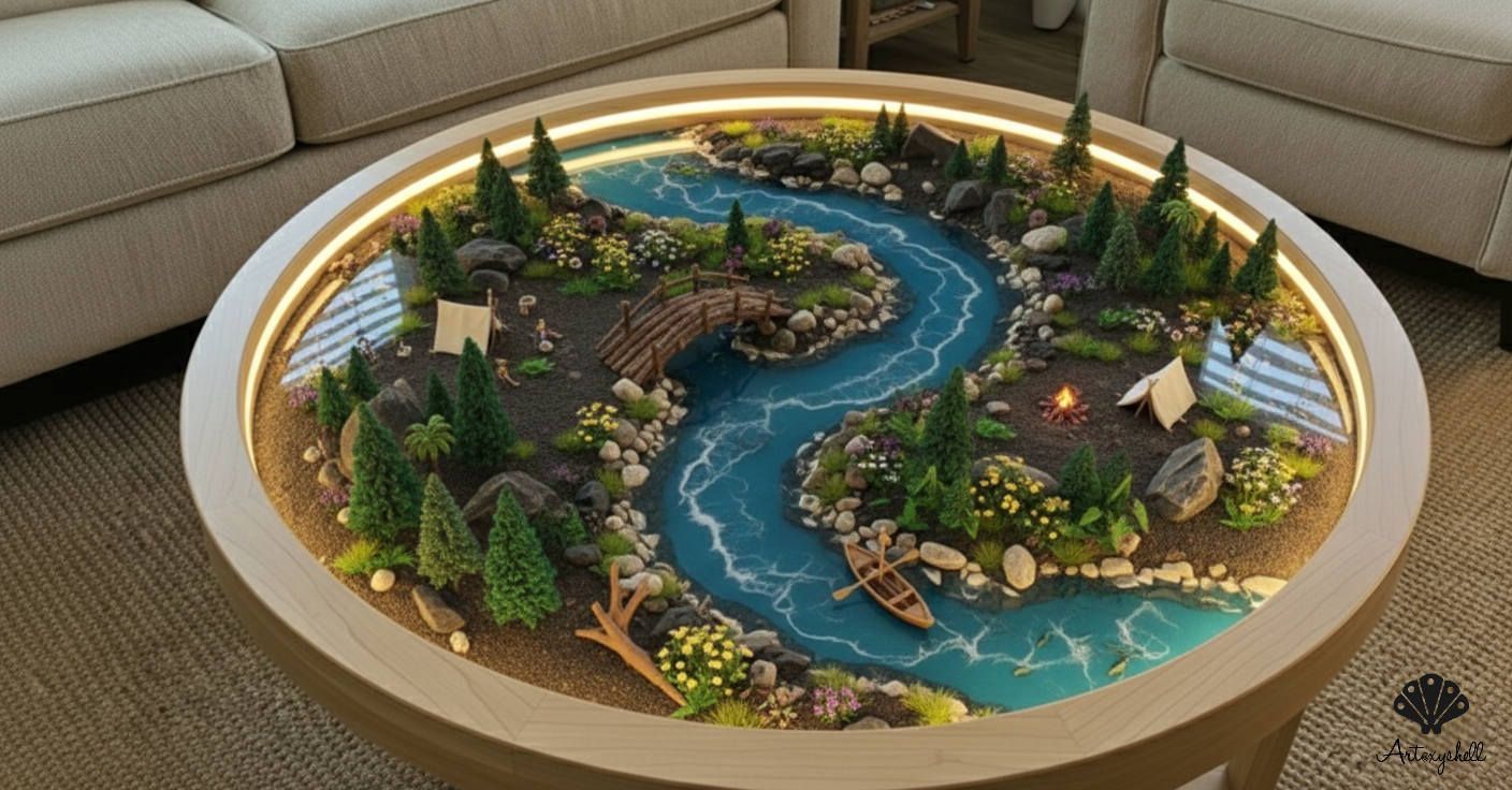 Illuminated Forest River Diorama Table | Luxury Art Furniture