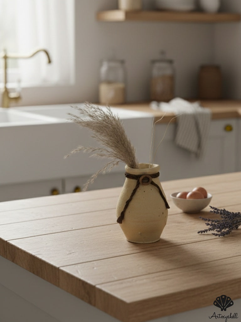 Handmade Rustic Beige Terracotta Miniature Vase with Braided Jute Accent and Wooden Ring