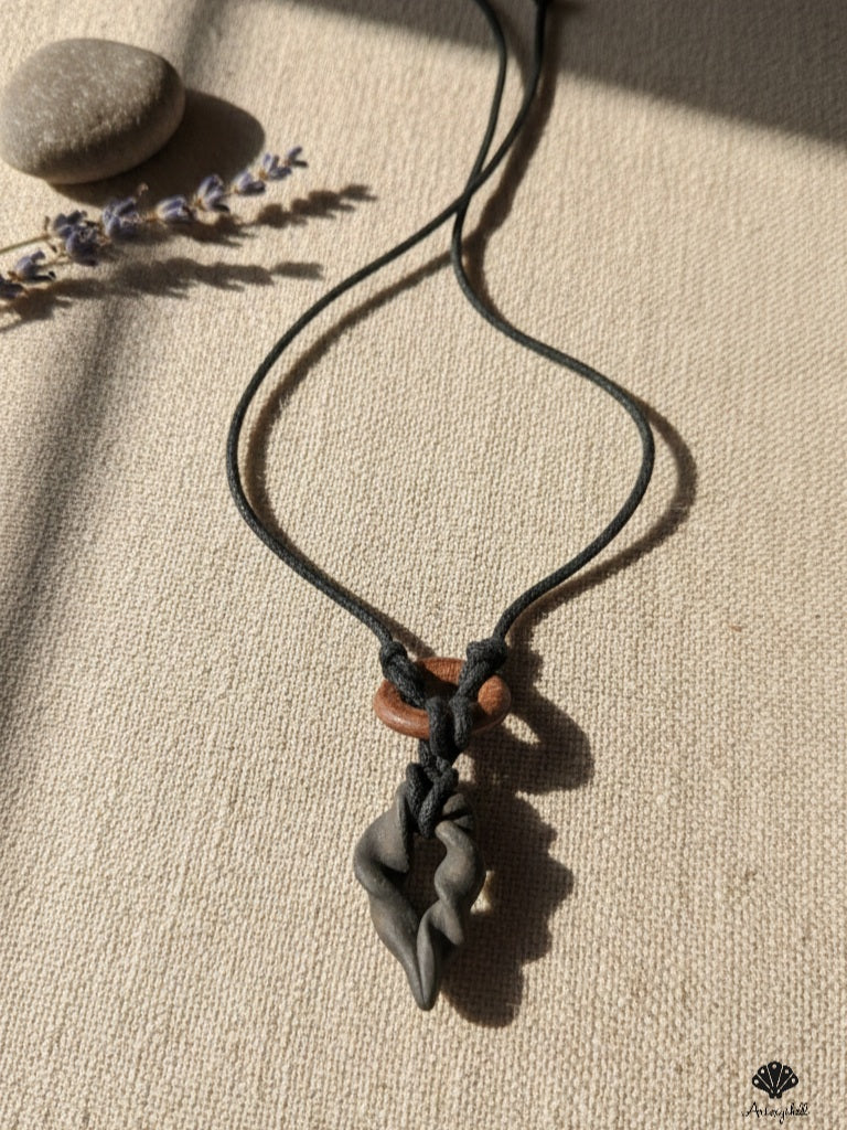 Hand-Sculpted Obsidian Helix & Koa Wood Pendant – Botanical Cord Necklace for Nature Lovers