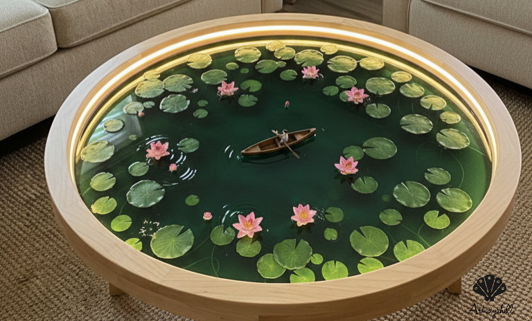 Illuminated Lotus Pond Resin Coffee Table | Luxury Wood Base