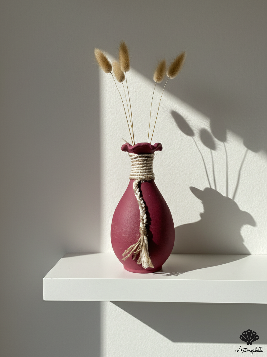 Boho-Chic Maroon Ceramic Vase with Hand-Wrapped Jute Twine and Tassel Detail