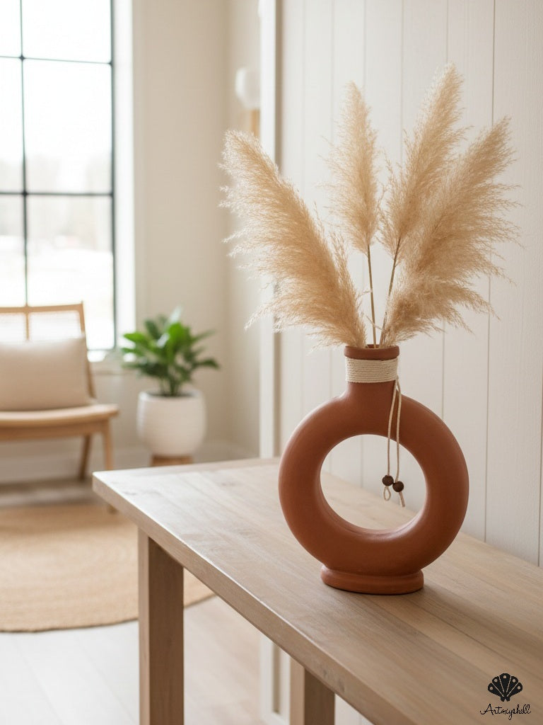 Modern Terracotta Donut Vase with Beaded Accent