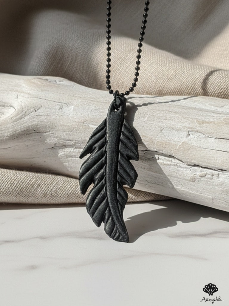 Handmade Matte Black Feather Pendant - Unisex Artisan Necklace