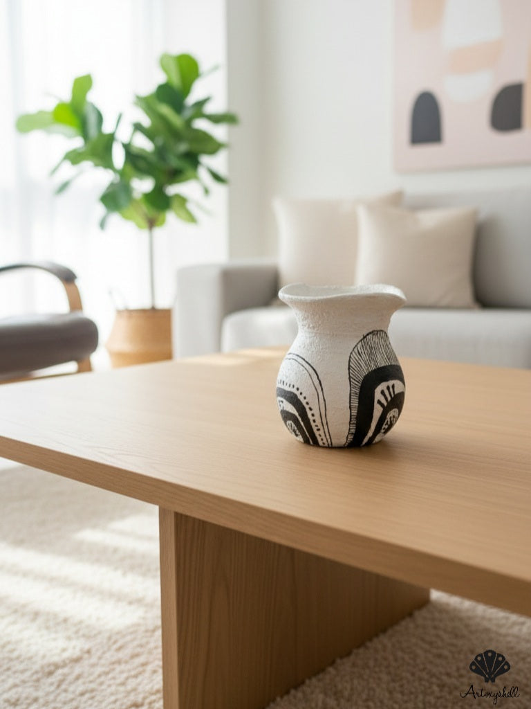 Hand-Painted Miniature Terracotta Vase – Black & White Tribal Art Flower Pot for Home Decor, Bedside Table & Gifting