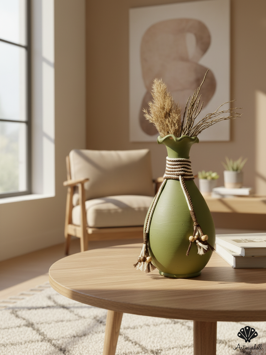 Sage Green Scalloped Vase with Layered Macramé Cord & Beaded Tassels