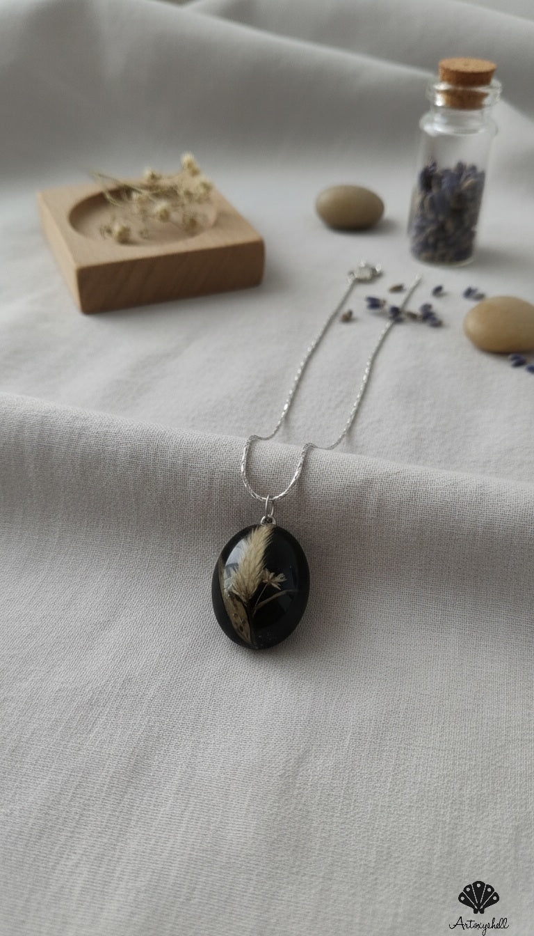 Black Botanical Oval Pendant Necklace