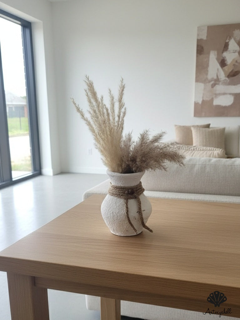 Handcrafted Beige Terracotta Miniature Vase with Jute Rope & Wooden beads – Rustic Home Decor Accent