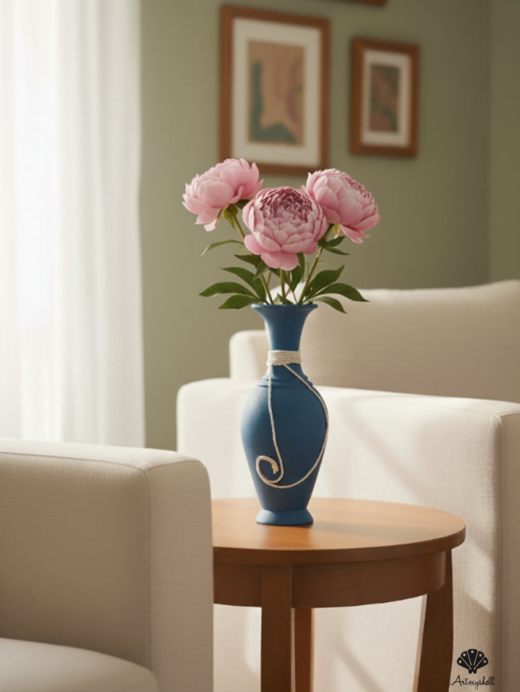 Minimalist Deep Blue Pottery Vase – Elegant Tabletop Decor for Dried Florals
