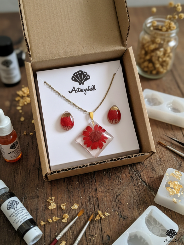 The 'Crimson Daisy' Botanical Resin Necklace & Earring Set