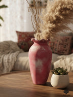 Hand-Textured Rustic Pink Ceramic Vase with Ruffled Rim